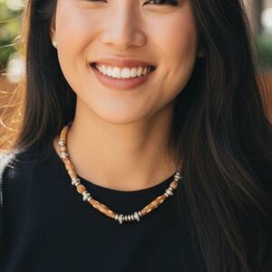 55N - Elegant Brown and‎ Silver Beaded Necklace